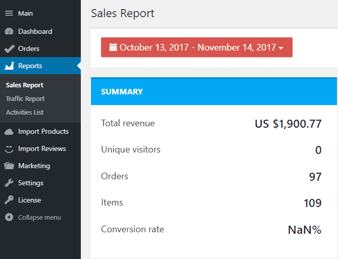 drop shipping sales report October - November